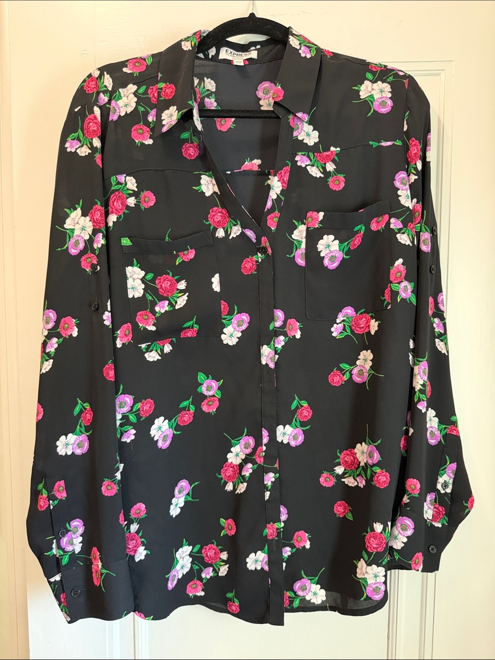 Express Black Button-Down Blouse with Pink, White & Purple Floral Print